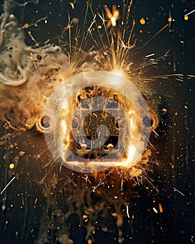 Electrical outlet with sparks and sparks on a dark background. Close-up.