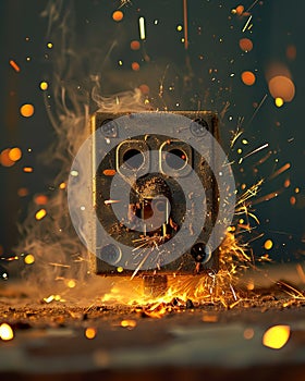 Electrical outlet with sparks and sparks on a dark background. Close-up.