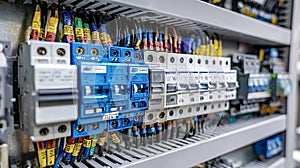 Electrical panel with circuit breakers and organized wiring