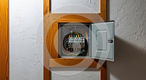 electrical panel with open door on textured wall