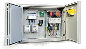 Electrical panel with open doors showing circuit breakers and wiring