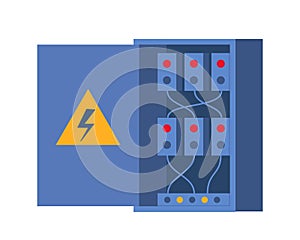 Electrical panel with switches, fuse, contactor, wire, automatic circuit breaker. Stainless steel switchboard box. Power