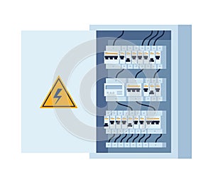 Electrical panel with switches, fuse, contactor, wire, automatic circuit breaker. Stainless steel switchboard box. Power