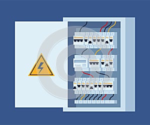 Electrical panel with switches, fuse, contactor, wire, automatic circuit breaker. Stainless steel switchboard box. Power