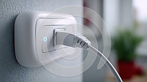 Electrical plug inserted into a white wall socket.