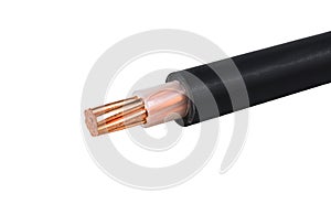 Electrical power cable on white background. Copper wire is the electric conductor of urban society