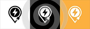 Electrical power icon. Electric power source sign. Lightning bolt inside pin map with electric plug image combination. Vector