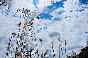 Electrical power line against cloud and blue sky