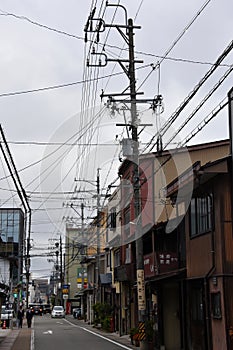Electrical power line cables and transformers above earth n Japan, Asia