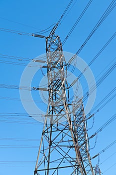 electrical power lines of pylon producing energy with voltage transmission, electric tower.