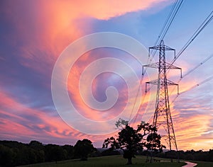 Electrical power lines and towers at sunset.