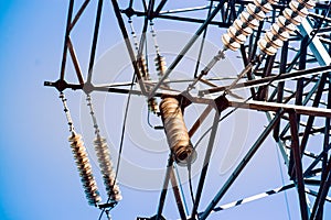 Electrical Power Lines under a blue sky. Tower