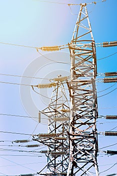 Electrical Power Lines under a blue sky. Tower