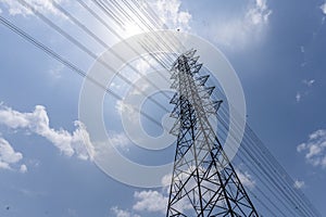 Electrical power pole - power tower, electricity pylon, high voltage pillar, overhead power line, industrial background