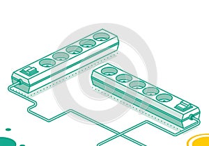 Electrical power socket strip. Isometric outline concept. Two objects. Modern electric extension cord. Powerboard with five slots