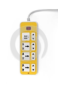 Electrical power strip or extension block and empty outlet tap with switch, grounded top view on white background, electric