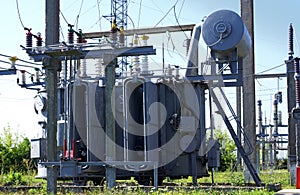 Electrical power transformer in high voltage substation 110 kilovolts