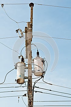 electrical power transformer on pole