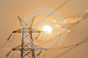 Electrical pylon and high voltage power lines near transformation station at Sunrise in Gurgaon