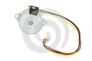 Electrical round stepping / stepper motor with wires isolated on white background.