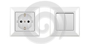 Electrical socket and light switch. Realistic vector illustration with shadows isolated on white background.