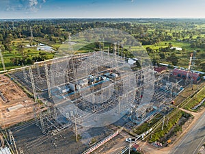 An electrical substation for heavy current with resistors. Transformer substation from above view.