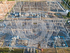 An electrical substation for heavy current with resistors. Transformer substation from above view.