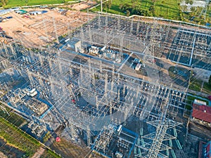 An electrical substation for heavy current with resistors. Transformer substation from above view.