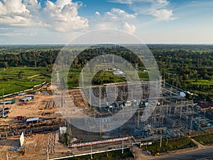 An electrical substation for heavy current with resistors. Transformer substation from above view.