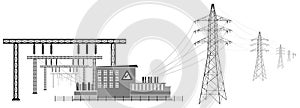 Electrical substation with high voltage lines. Transmission and reduction of electrical energy.