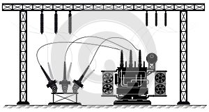 Electrical substation. The high-voltage transformer and switch. Black white illustration. electricity supply.