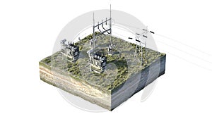 Electrical substation on the island. Background picture, on a white background. 3D rendering. 3D illustration