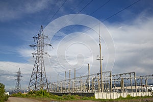 Electrical substation and power transmission towers. Electricity production and transportation