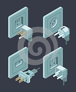 Electrical supplies type. Electric switch breaker home insulation energy plugs vector isometric pictures