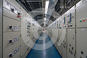 Electrical switch gear room with electrical control panel and equipment.
