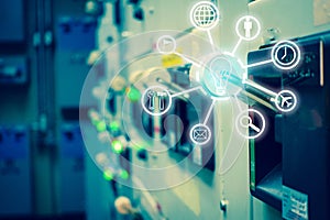 Electrical switchgear room with digital icons in electrical switch panel on plant and process control for industril business con