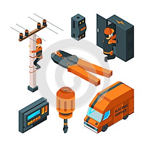 Electrical systems 3d. Electricity box switch electrician safety worker with power tools vector isometric