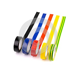 Electrical Tape Roll Lines Isolated, Plastic Duct Tape Rolls, Colored Adhesive Tapes on White Background