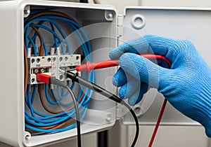 Electrical Technician Testing Voltage in Control Panel with Multimeter