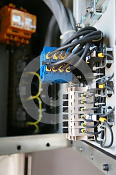 Electrical terminal in junction box and service by technician. Electrical device install in control panel for support program
