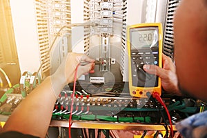 Electrical terminal in junction box and service by technician. Electrical device install in control panel for support program