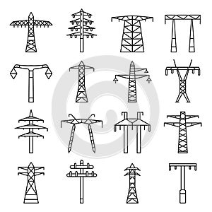 Electrical tower icon set, outline style