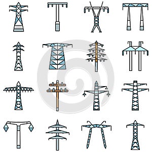 Electrical tower icon set, outline style