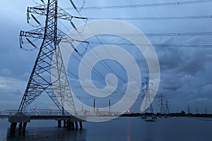 Electrical Tower on Sea through Industrial Estate