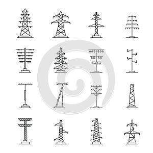 Electrical tower voltage icons set, outline style