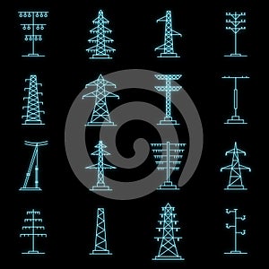 Electrical tower voltage icons set vector neon