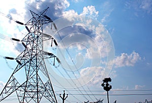 Electrical transmission tower with sky