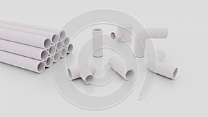 Electrical white conduit pvc pipes and connectors, realistic 3d rendering