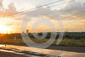 Electrical wires on the background of the sunset sky