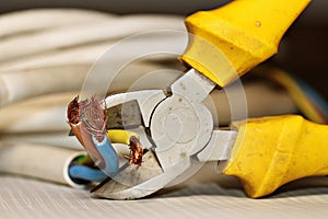 Electrical wires in the process of being cut with a side cutter.